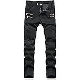 AITITIA Men's Biker Zipper Deco Washed Straight Fit Jeans