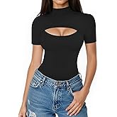ALGALAROUND Short Long Sleeve Shirts for Women Basic Mock Turtle Neck Cut Out Tops Going Out T-Shirt Tee