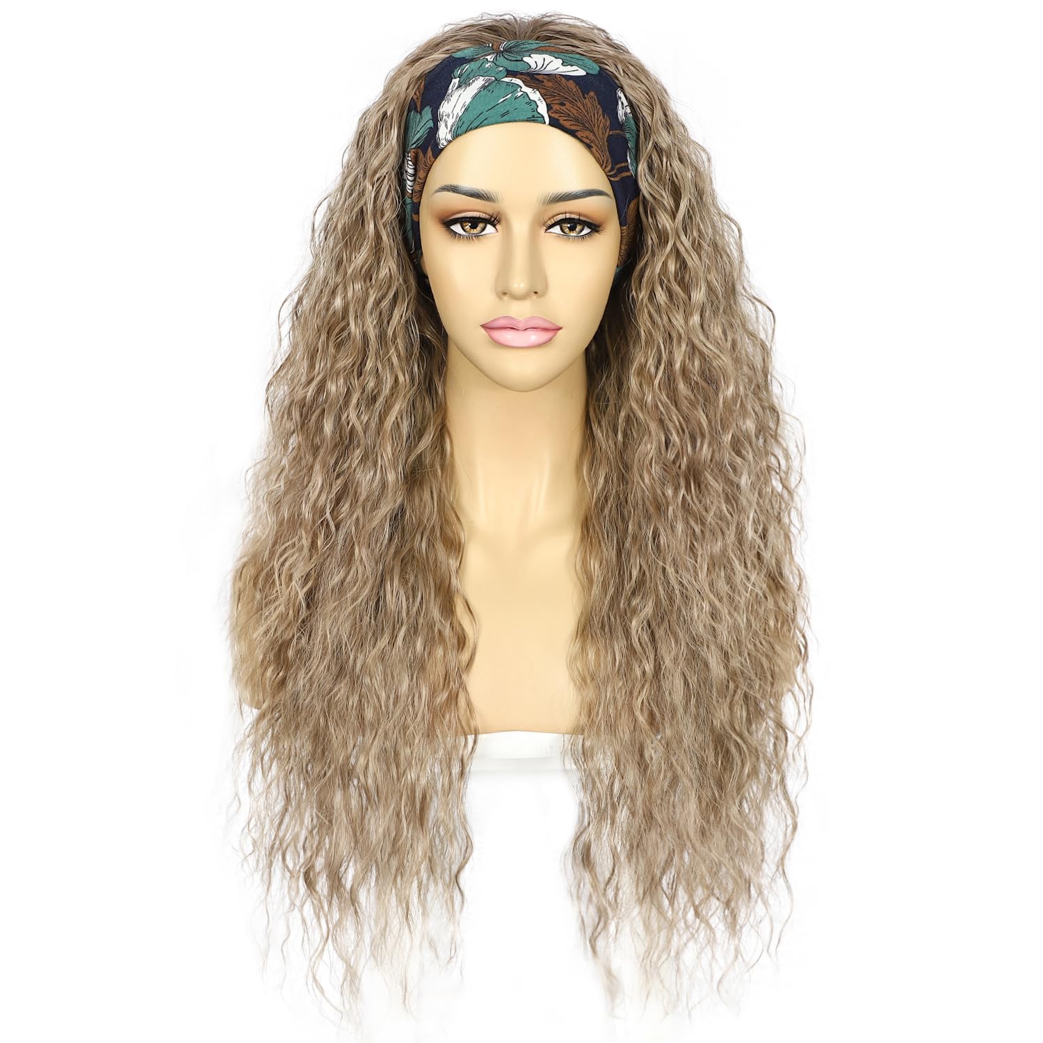 Sapphirewigs Curly Headband Wig Synthetic Hair Light Brown Loose Water Wave Headband Wigs for Women Glueless 150% Density 26 inch