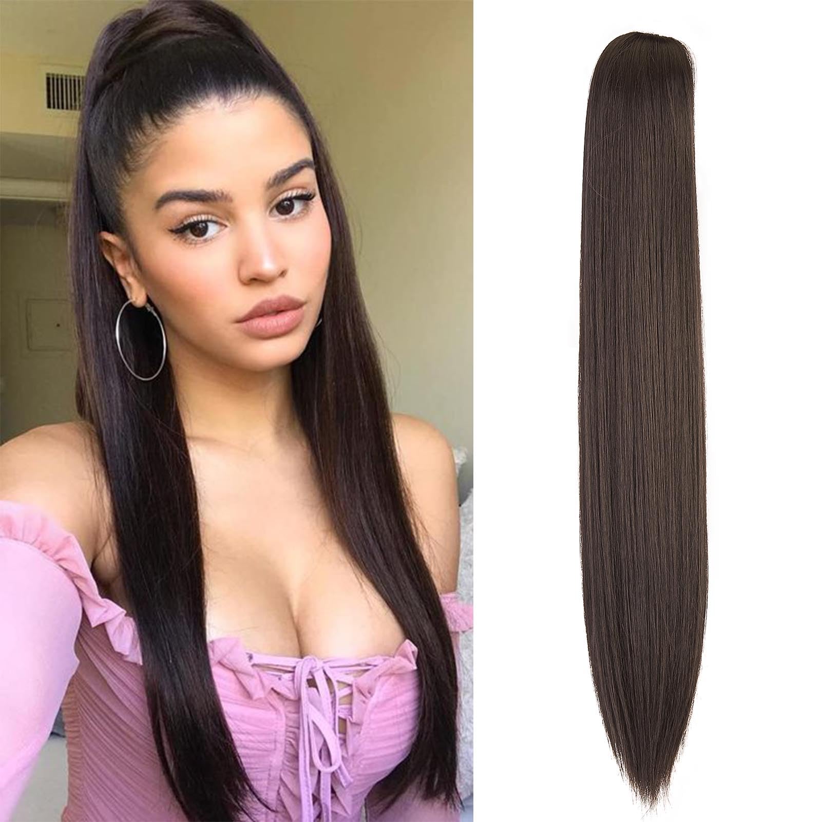 Cybelleza 20inch Ponytail Hair Extensions Straight Ponytail Claw Jaw on Long Straight Pony Tails Clip in Hair Extensions Synthetic Hair pieces for Women, Medium Brown