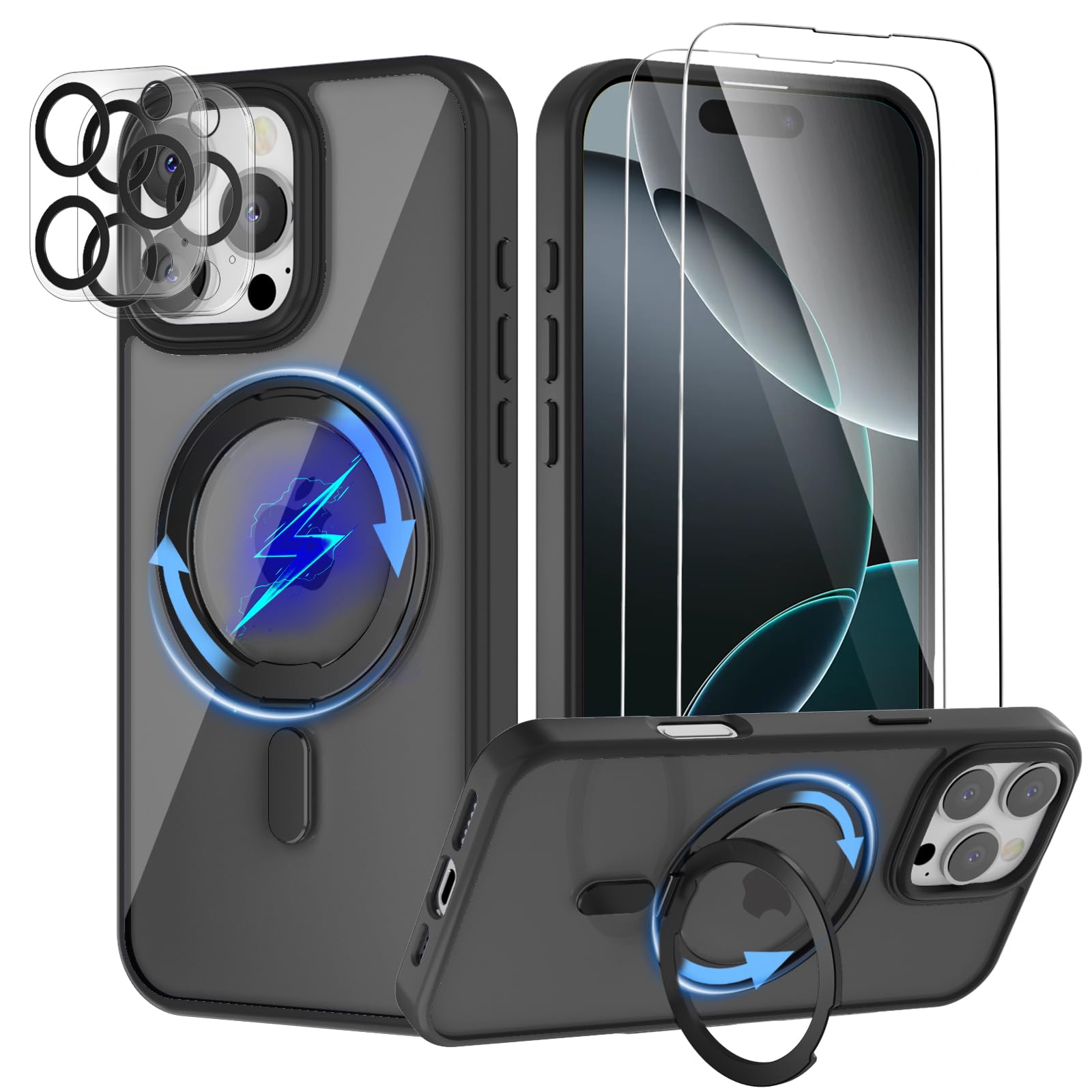 YIRSUR 360° Spin Magnetic Stand for iPhone 16 Pro Max Case with 2 Screen Protector with 2 Camera Protector, Compatible with MagSafe Military Shockproof Translucent iPhone 16 Pro Max Kickstand- Black