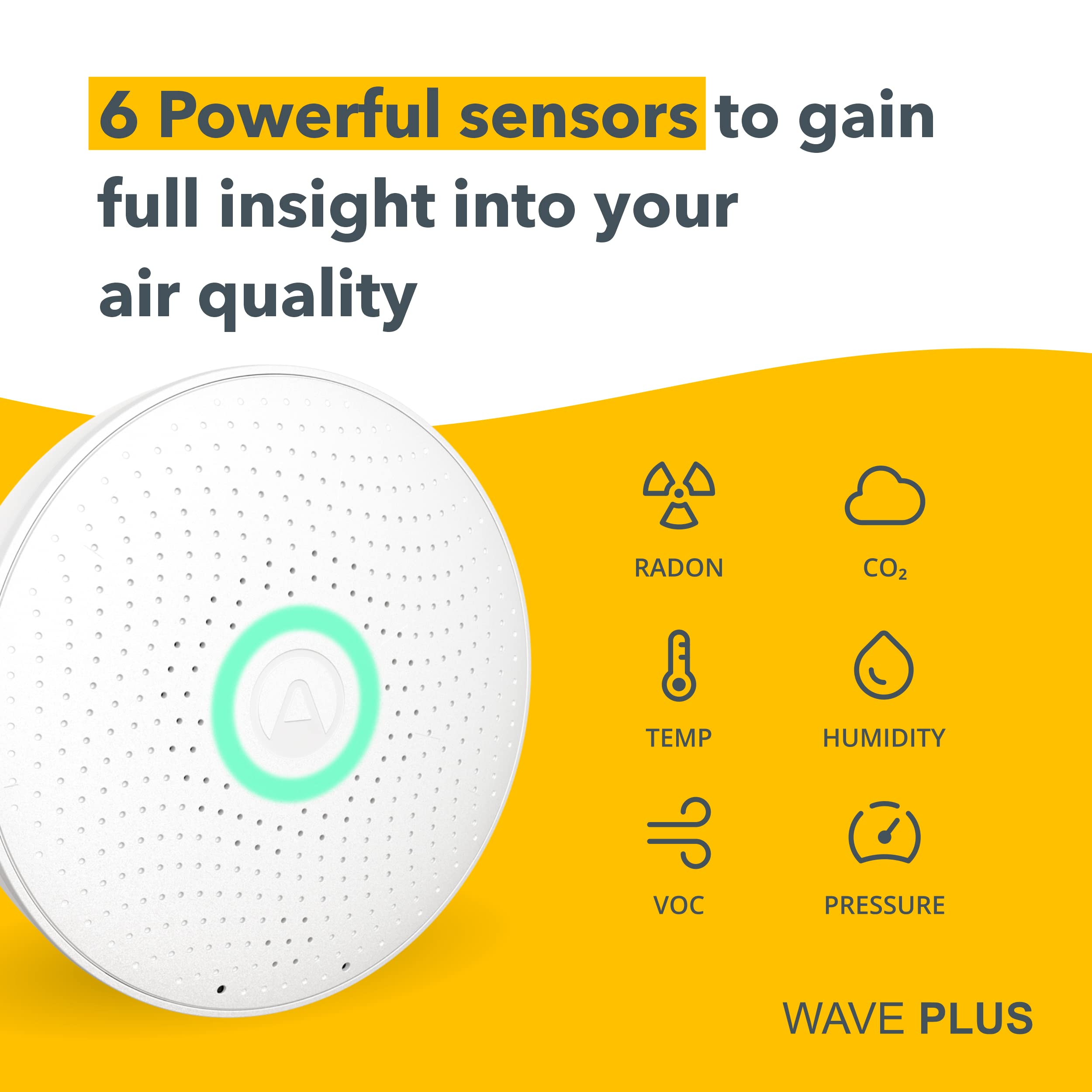 Airthings 2930 Wave Plus Radon & Air Quality Monitor, Battery Powered (CO2, VOC, Humidity