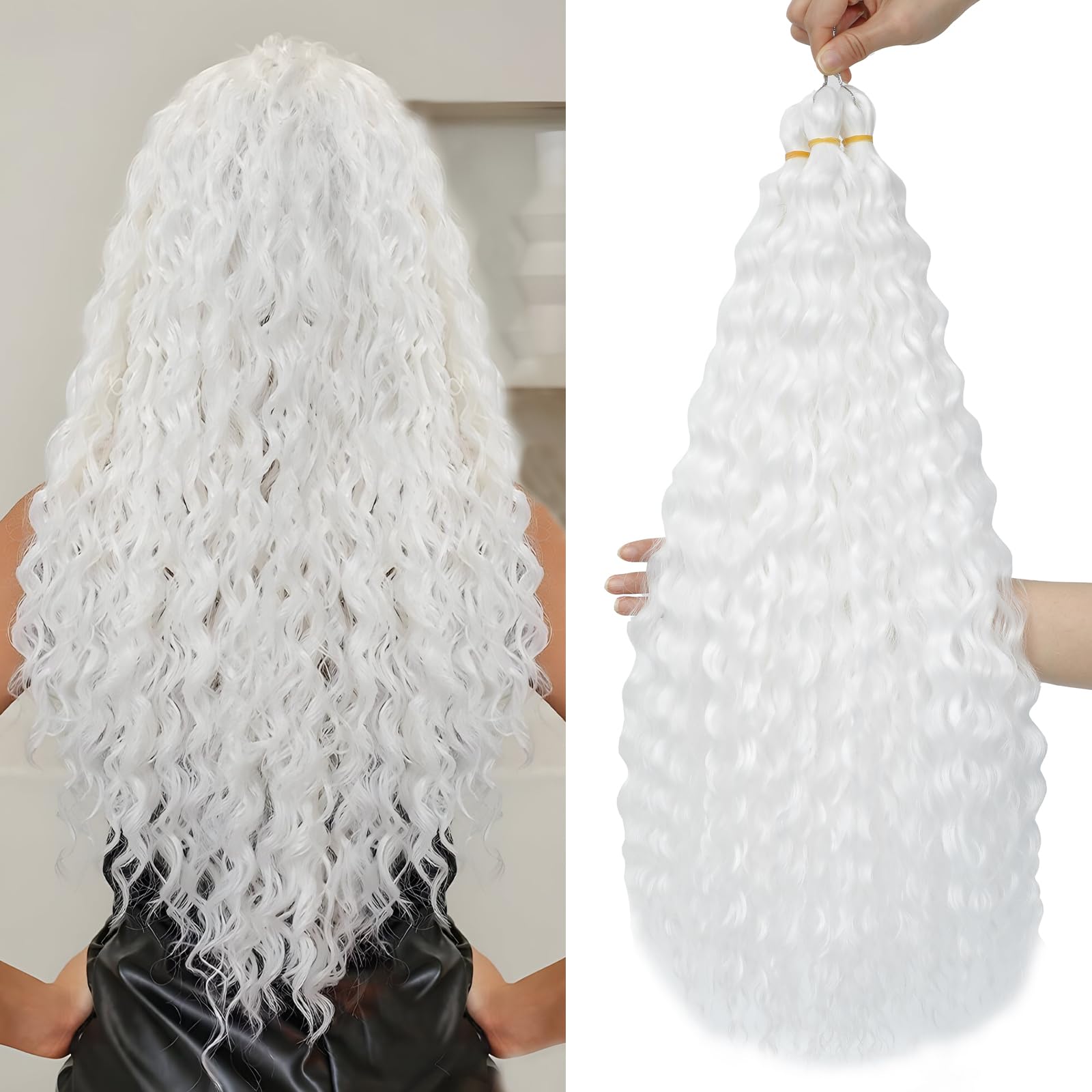 FANLUTYIN 22 Inch Curly Crochet Braiding Hair 3 Packs Ocean Wave Crochet Hair Extensions Deep Wave Synthetic Braiding Hair Curls Hair Twist Water Wave Braided Hair (White, 22 Inch 3 Packs)