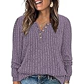 ROSRISS Womens-Plus-Size-Tops Trendy Long Sleeve Henley Shirts Casual Ribbed Knit Tunics Dressy Crewneck Pullover Sweaters
