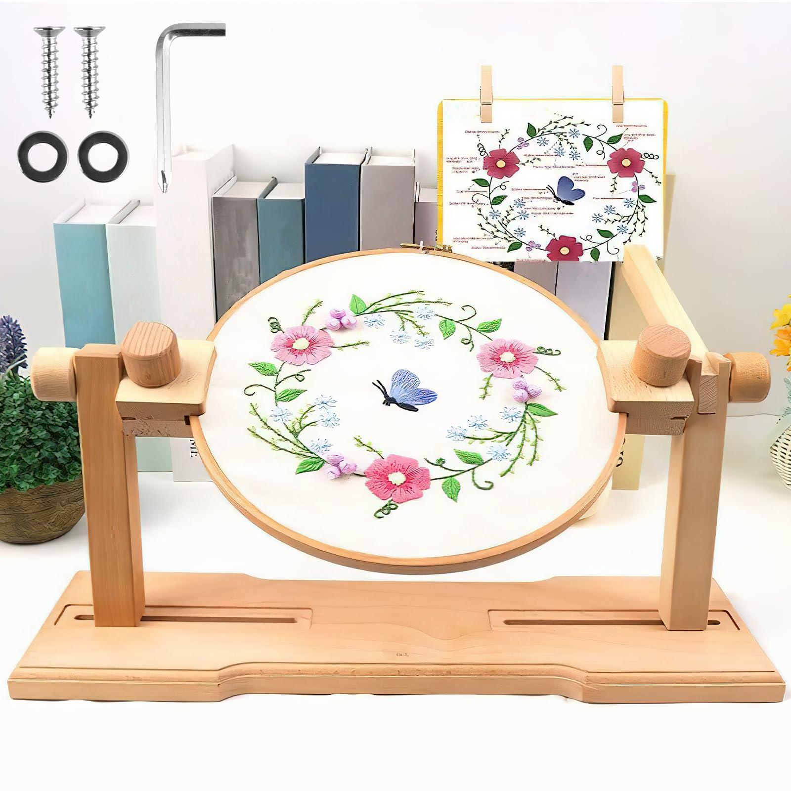 Embroidery Hoop Stand Adjustable Rotated Embroidery Frame Holder 360° Rotation Cross Stitch Lap Stand Beech Wood Embroidery Stand Holder Hands-Free Embroidery Frame Stand for Crafts