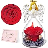 Yamonic Preserved Flowers Rose Birthday Gifts for Women Mom in Glass Angel Figurines, Mothers Day Rose Gifts for Mom Grandma, Christmas Angel Rose Gifts for Her, Mothers, Valentine's Da (Red)