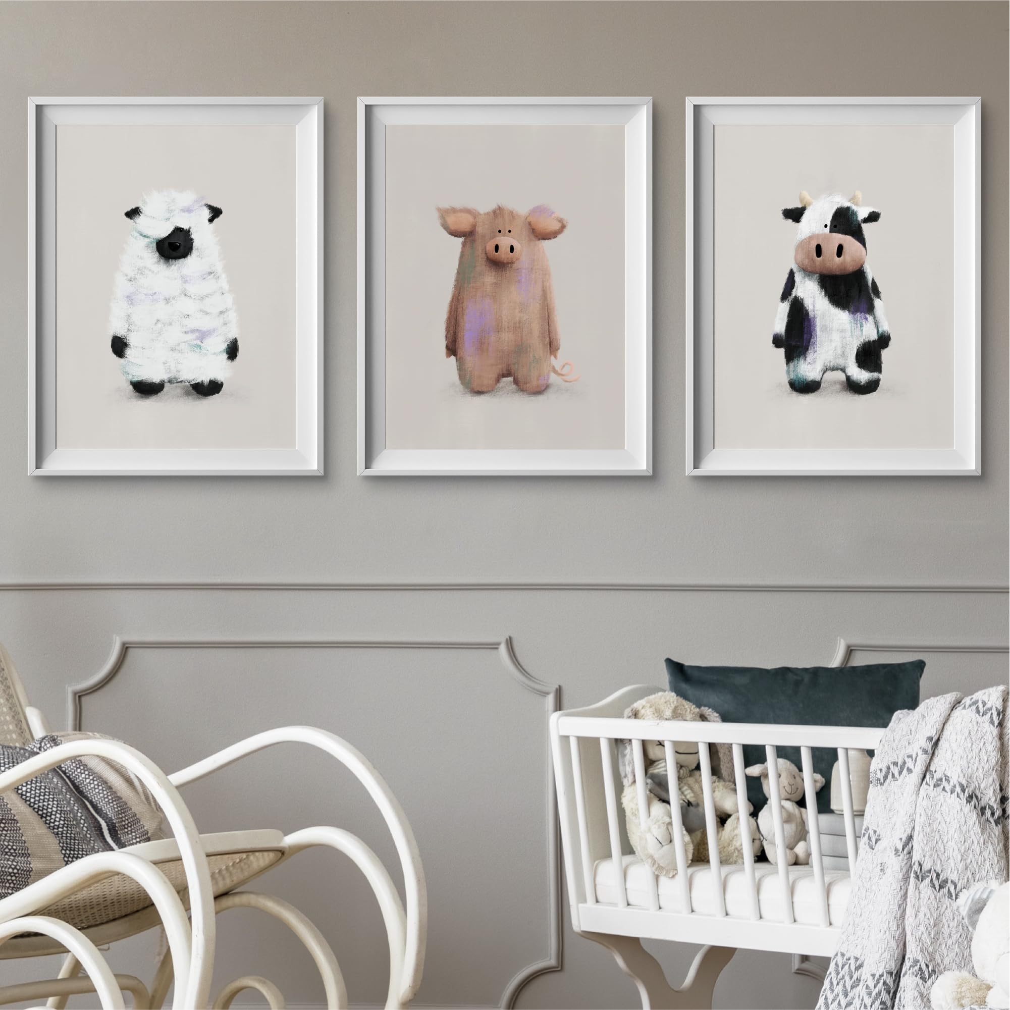Tigercub Prints Farmyard Animal Nursery Prints | A3 Set of 3 | Printed on 250gsm Professional Quality Paper | Designed and Printed in UK | Nursery Decor | Baby and Kids Wall Art | Bedroom Decoration