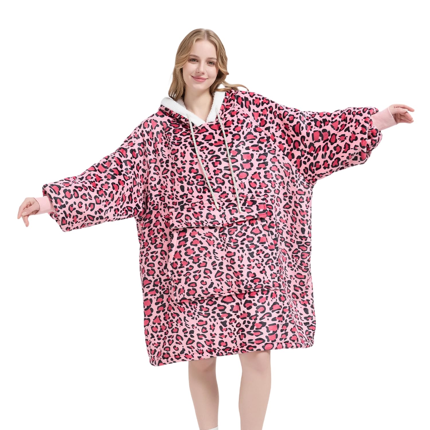 Qeils Wearable Blanket Hoodie for Women, Comfy Sherpa Sweatshirt Blanket as Birthday Christmas Gifts, Oversized Pullover Jacket Blanket Hoodie for Adult (Pink Leopard, Adult) Image