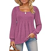 ROSRISS Womens-Plus-Size-Tops Trendy Puff Long Sleeve Shirts Dressy Scoop Neck Loose Fit Blouses Casual Pleated Flowy Tunics