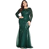 Plus Size Long Sleeve Sequin Evening Dress Glitter Mermaid Long Gown for Mother of The Bride Or Wedding Guest