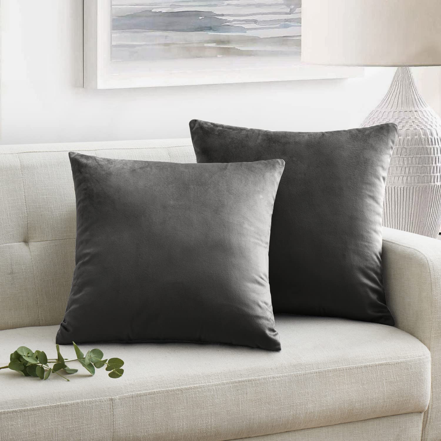 Oxford Homeware Velvet Cushion Covers 45 x 45 cm Set of 2 Square Throw Pillow Cases Decorative Bedroom for Sofa Living Room Car with Invisible Zipper (Charcoal, 18 x 18 Inch) — image 1