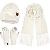 Womens Winter Hats Long Scarf Touch Screen Gloves Set Knit Warm Beanie Hat Scarves Gloves for Women Cold Weather Fleece Gifts