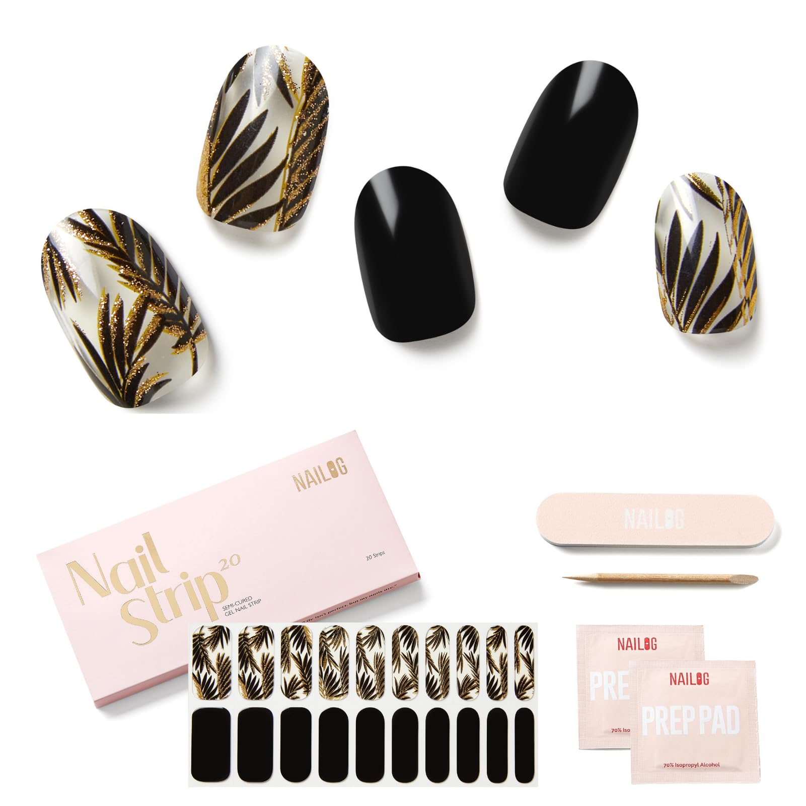 NAILOG Semi Cured Gel Nail Strips (20Pcs Extra Long Stickers/Wraps) | Glossy & Long Lasting Soft Gel Finishing | Golden Leaves — image 1