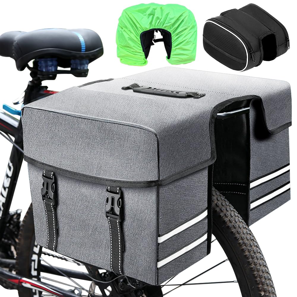 Tyuodna Bike Pannier With Bonus Front Tube Bag - 30L Waterproof Double Side Rear Rack Bag, Large Capacity, Durable and Portable (Grey)