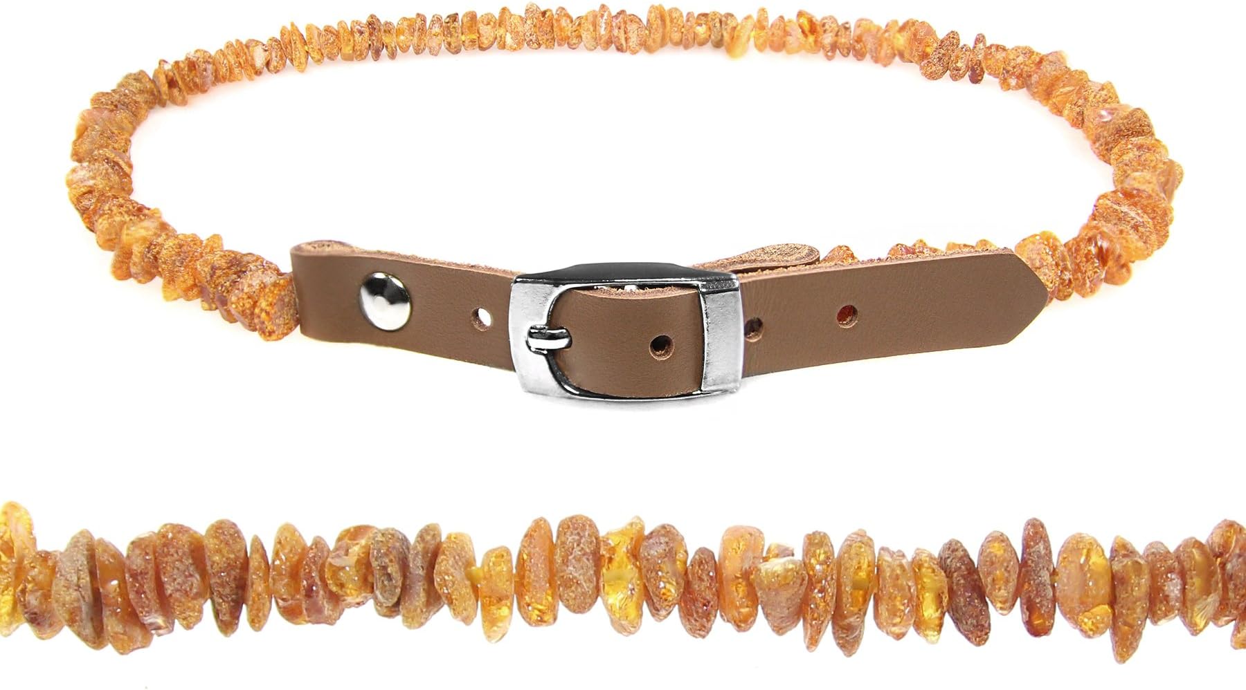 Saniston Baltic Amber Collar for Dogs and Cats/Collar with Adjustable Leather Strap/made of Genuine Raw Baltic Amber for Pet Lovers! (55-60cm)
