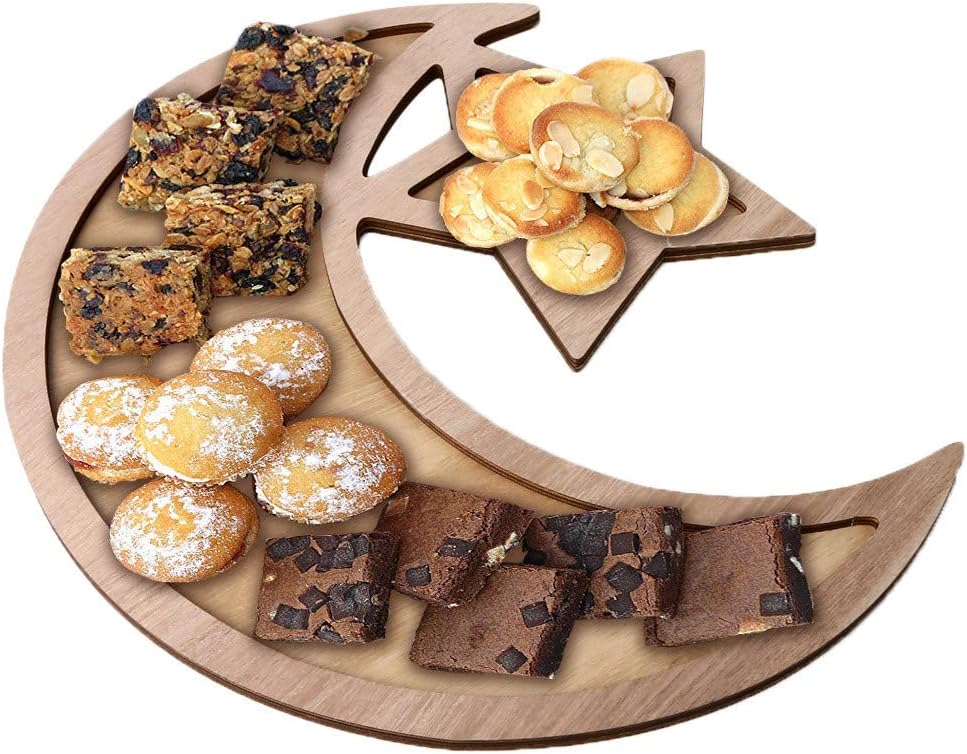 Ramadan Tray, Wooden Artistic Eid Mubarak Party Serving Tableware Tray Display Wood Decoration Ornament for Home (D)