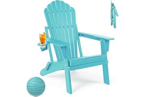Plawdlik Folding Adirondack Chair,SGS Tested,Wooden Textured with Cup Holder,Widened Heavy All-Weather HDPE Comfortable Seating for Ourdoor Aruba Blue