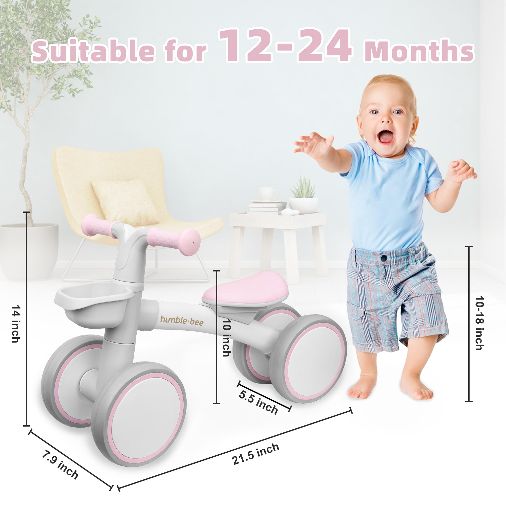 Humble Bee Baby Balance Bike for 12-24 Months Old Boys Girls,1 Year Old Boys Girls Toddler Balance Bike with Adjustable Seat, Best Birthday Choice, Pink