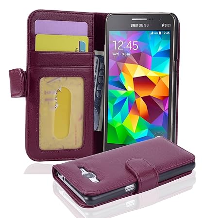 Cadorabo Hülle für Samsung Galaxy Grand Prime - Hülle in Bordeaux LILA – Handyhülle mit 3 Kartenfächern - Case Cover Schutzhü