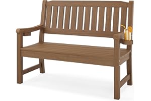 LUE BONA Outdoor Bench, 2-Person HDPS Garden Bench, Outdoor Benches Weatherproof, All-Weather Fade/Rot Resistant Patio Bench for Park, Front Porch, Backyard (Brown-Oil Printed)