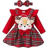 DOMOABEI Baby Girl Christmas Clothes Fall Outfit Long Sleeve Romper Suspenders Skirt Overalls Headband 3 Pcs 0-18 Months