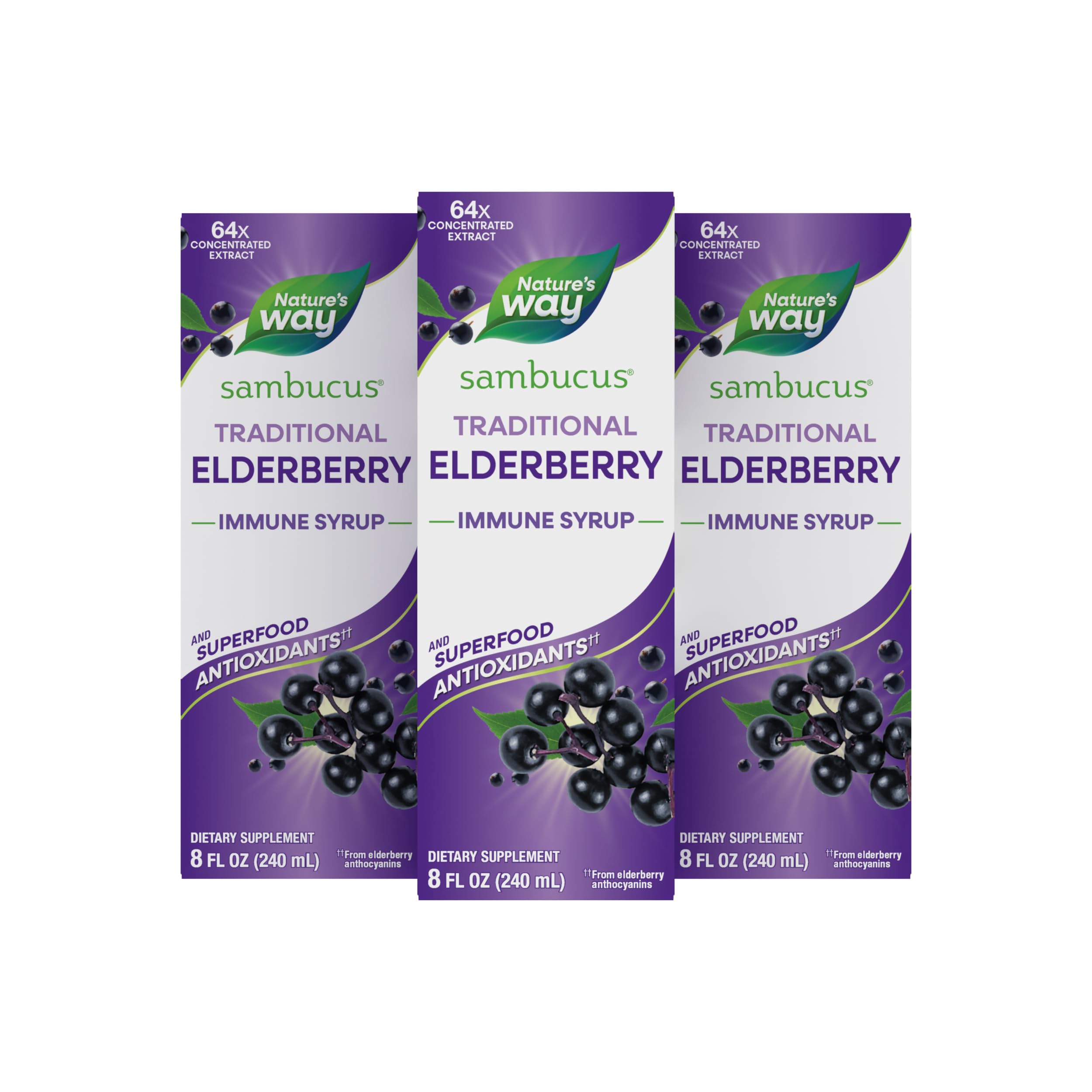 Nature’s Way Sambucus Traditional Elderberry Syrup for Immune Support* with Highly Concentrated Black Elderberry Extract & Superfood Antioxidants, Adults & Kids 7+, Berry Flavored, 8 Fl Oz (Set of 3)