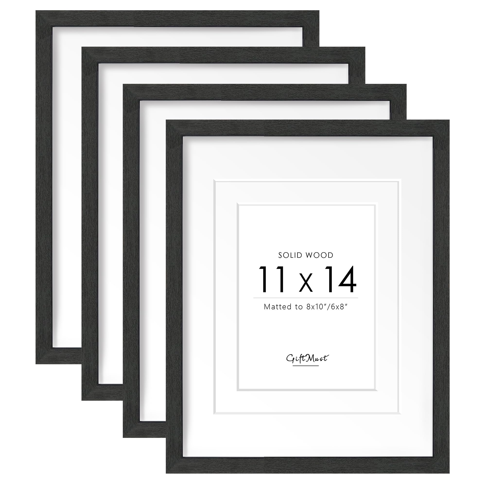 Photo 1 of 11x14 Set of 4 Solid Wood Picture Frame, Natural Wood Photo Frame with Double Mats, Display 8x10 or 6x8 picture with mat, 11 by 14 without mat, Black Picture Frame with HD Tempered Glass