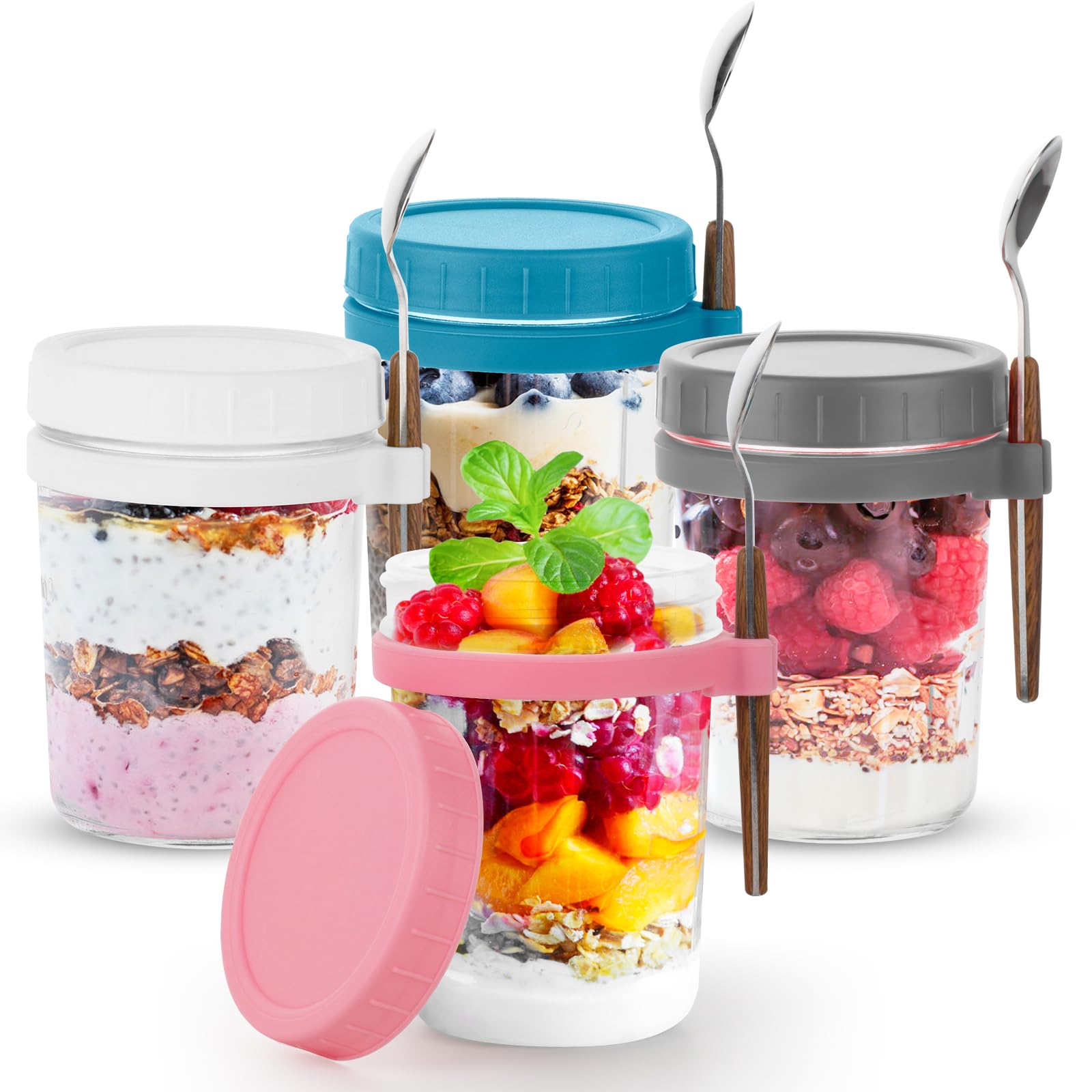 Dyserbuy 4 Pack Overnight Oats Containers with Lids and Spoons, 350ml/12oz Mason Jars for Overnight Oats, Glass Airtight Jars with Measurement Marks for Milk, Cereal On The Go Container