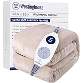 Westinghouse Heated Blanket Throw, Electric With 6 Heating Levels, 2-10 Hours Time Settings, Overheat Protection, Machine Washable, Flannel (50x60 Inches, Beige)