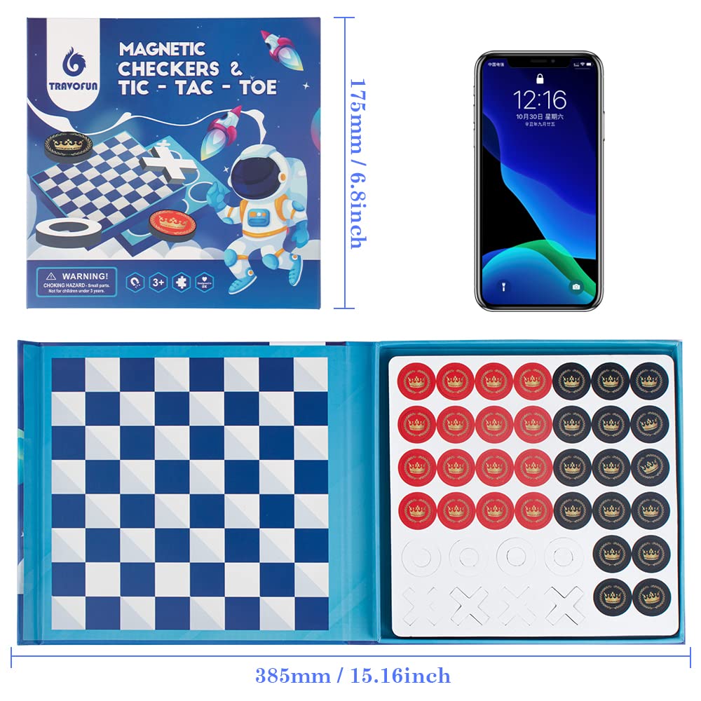 2-in-1 Checkers & Tic-Tac-Toe Board Game | Magnetic Travel Games for Kids 8-12 | Plane Activities for Kids Ages 8-12 | Foldable Magnetic Checkers & Travel Activities (Ages 3-12)​