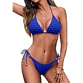 Zeregos Women Two Piece Bikini Set String Triangle Bathing Suits | Sliding Swim Top,Beads Swimsuit,Removable Padding,Adjustable Spaghetti Straps,Side Tie Bottom,for Beach,Pool,Vacation