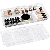 Oubonun Expandable Drawer Organizer 11.1” to 19.2” Width, Shallow Cosmetic Organizer 1.3” Height, 2 Packs, Clear Plastic Storage Trays for Dressing Table,Bathroom