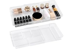 Oubonun Expandable Drawer Organizer 11.1” to 19.2” Width, Shallow Cosmetic Organizer 1.3” Height, 2 Packs, Clear Plastic Storage Trays for Dressing Table,Bathroom