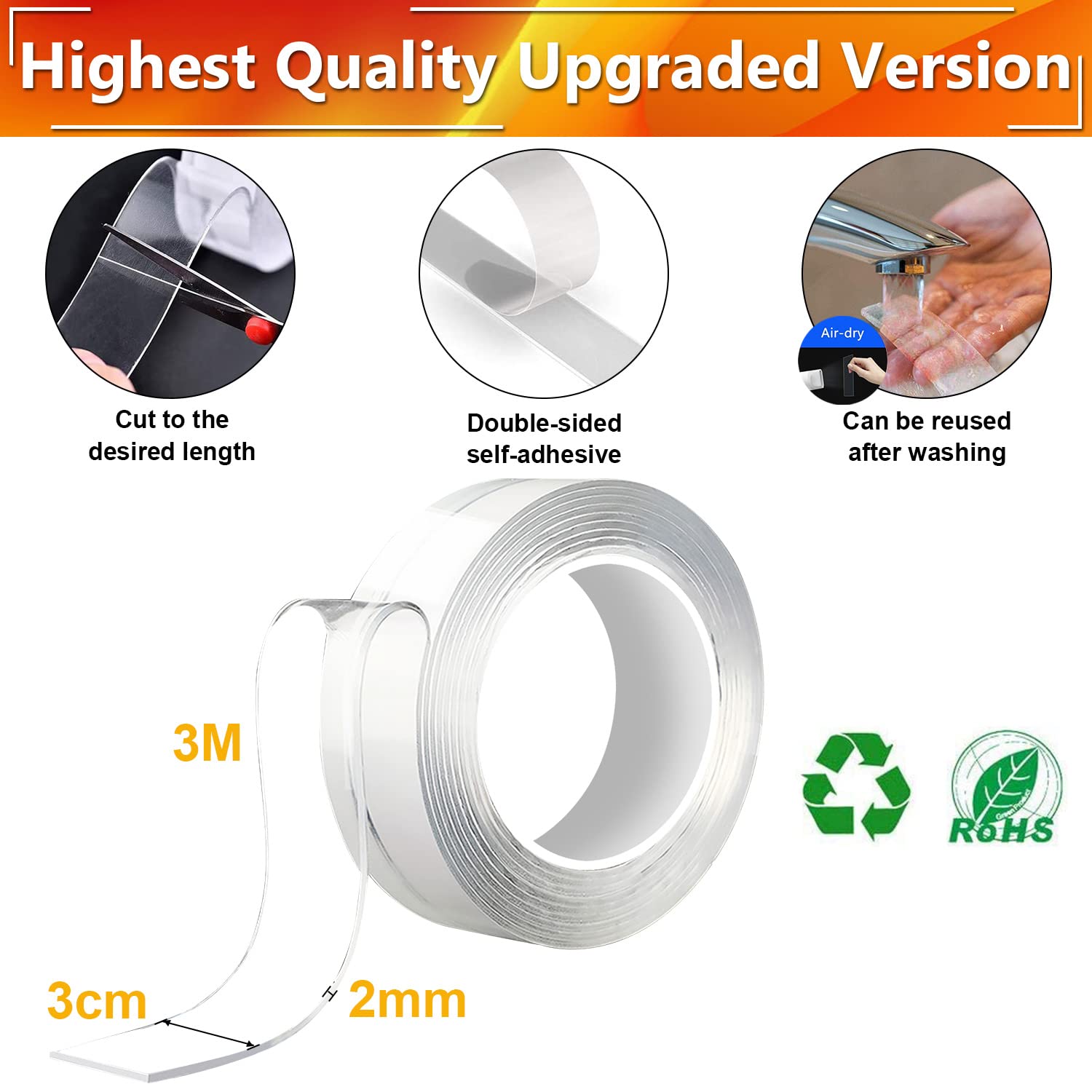 Doppelseitiges Waschbares Spurloses Klebeband,Transparent Entfernbares Wiederverwendbares Klebestreifen, Extra Starke Klebekraft Wasserdichtes, rutschfest Multifunktionales (3M x 3CM x 2MM) 2