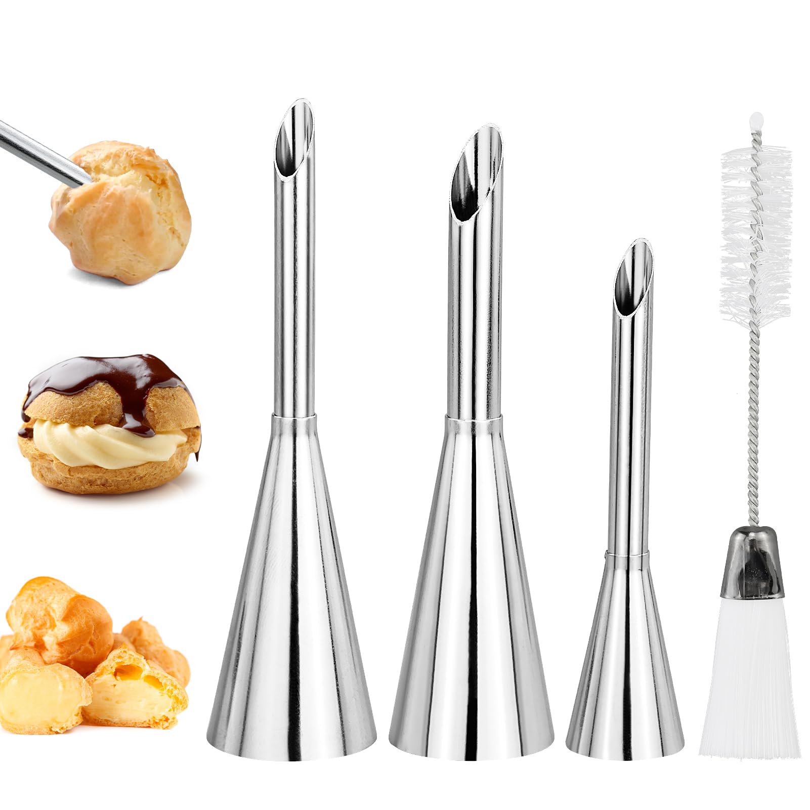 Cream Icing Piping Nozzles Tips, 3pcs Long Puff Nozzles Cream Filling Tubes Cupcake Filler Nozzle Puff Decorating Tool Kit for Filling Donuts Cupcakes Eclairs Pastries Cookies Cakes