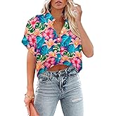 Cropped Hawaiian Shirts for Women Hawaii Tropical Button Down Tops Floral Tropic Print Summer Beach Outfits