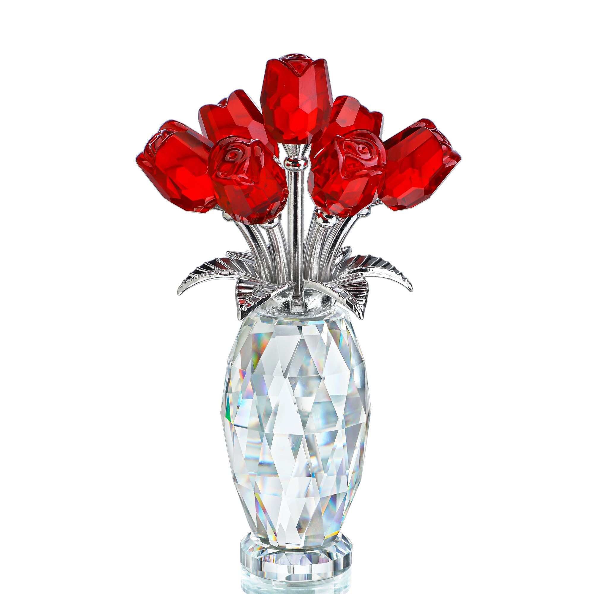H&D HYALINE & DORA Crystal Rose Flower Figurine,Glass Flower Gifts for Mom,Red Crystal Rose Bouquet Figurine Ornament with Gift Box,Glass Rose Flower For Anniversary Valentines Day Gifts For Her