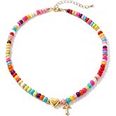 Elystara Initial Necklace for Girls, Beaded Initial Necklace with Heart Pendant, Colorful Beaded Necklace Bubble Letter Necklace, Adjustable Necklace for Teen Girls Kids Women, Birthday Gift