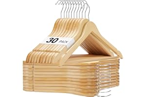 HOUSE DAY Wooden Hangers 30 Pack, Solid Wood Clothes Hangers with Non Slip Pant Bar, Heavy Duty Wooden Coat Hanger for Closet, Smooth Finish Wood Hangers for Shirts, Suits Jackets, Dress, Natural