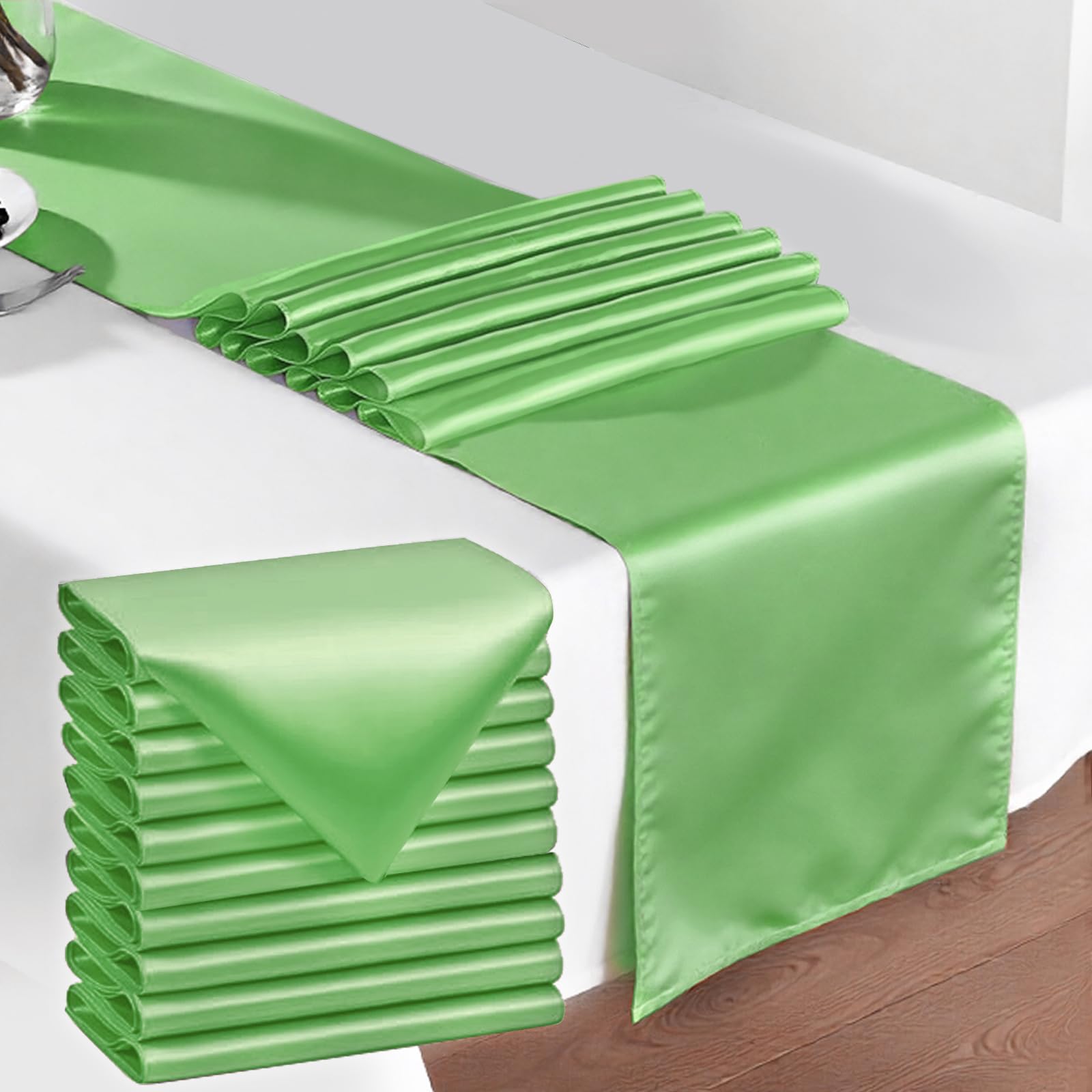 Photo 1 of 10 Pack Table Runner 12x108 Inch, Smooth Satin Silk Table Runner for Party Wedding Birthday Banquet Holiday Decoration, Green
