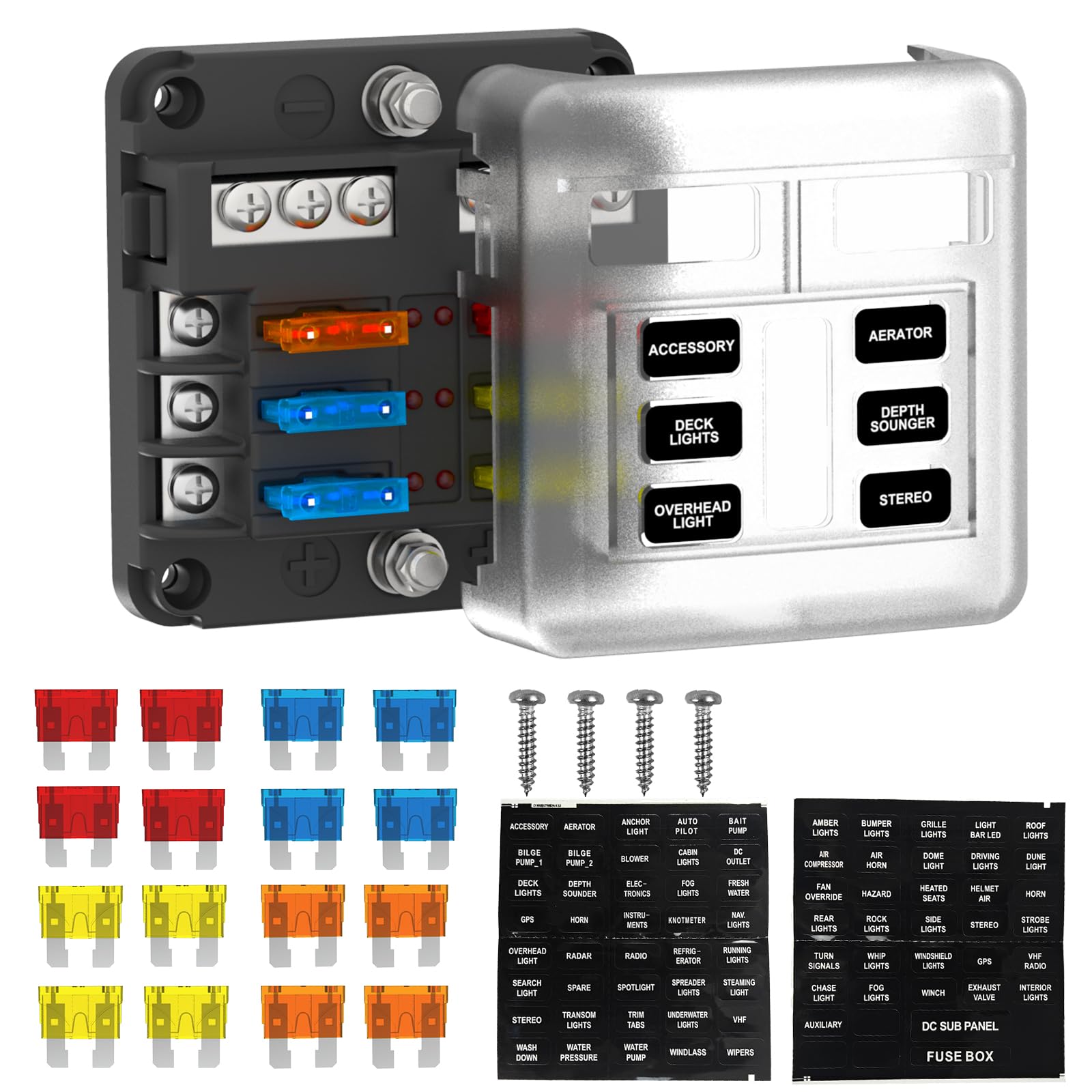Photo 1 of UCkasayfy 6 Way Fuse Block Box 12V/24V DC, ATC/ATO Fuse Panel with LED Indicator for Marine Boat Automotive Motorcycle