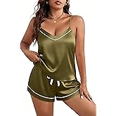 Ekouaer Pajamas for Women Set Silk Satin Pjs Sexy Lingerie Sleepwear Cami Shorts Set Summer Nightwear S-XXL