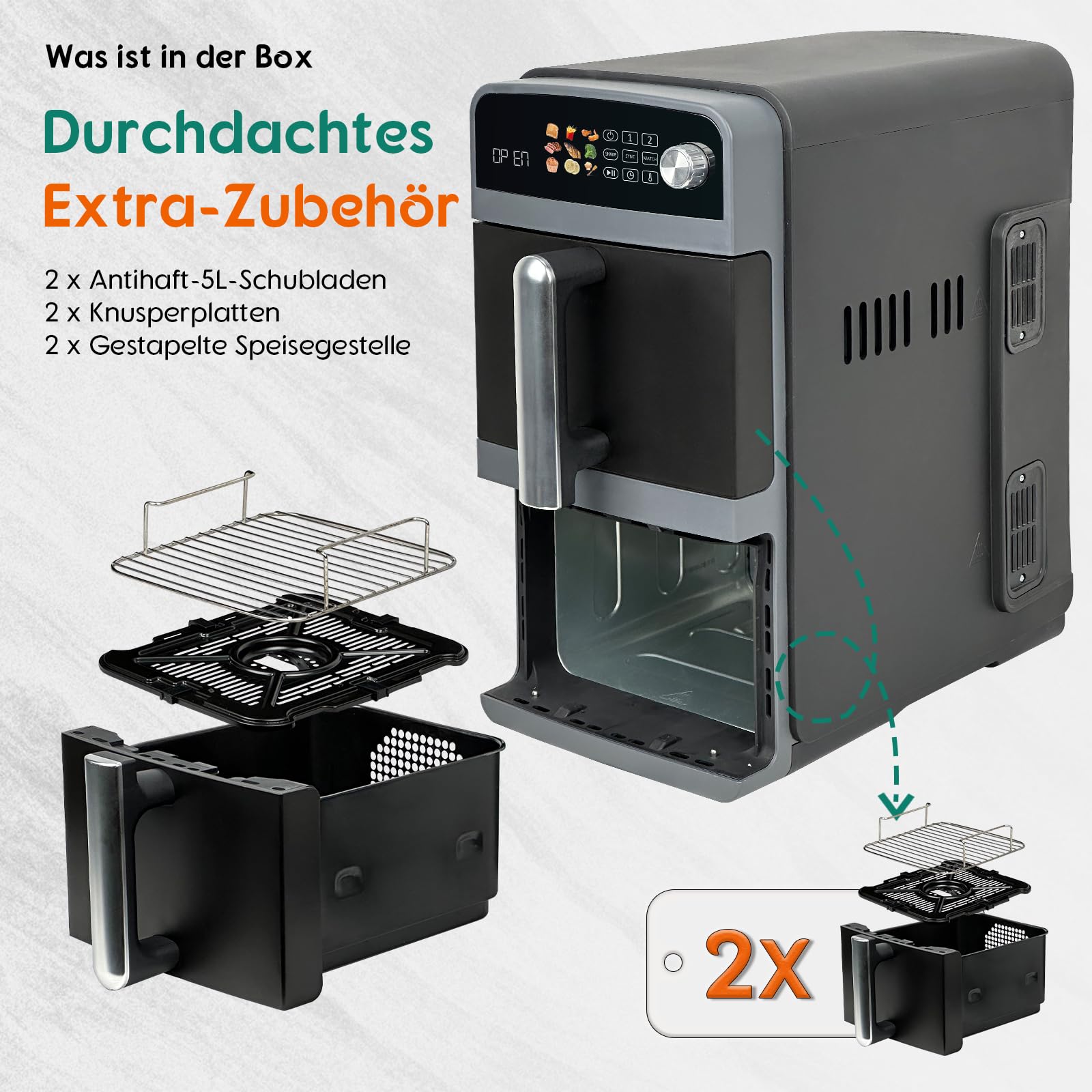 10L Double Stack XL airfryer Heißluftfritteuse | 2400W heißluftfritteuse 2 kammern | Gleichmäßiges Garen & Wende-Erinnerung | Sync/Match,9 Programme, Energie sparen, Spülmaschinenfest 6