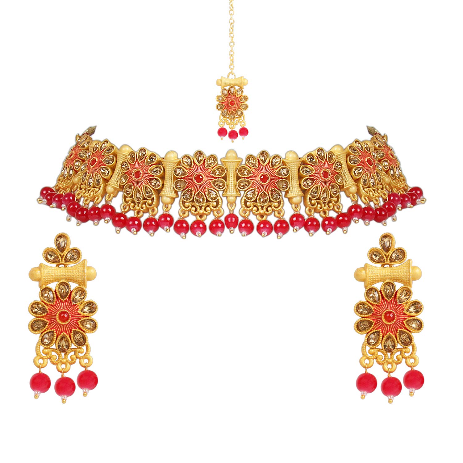 I Jewels 18k Gold Plated Indian Wedding Fancy Party Wear Beaded Meena Work Choker Necklace Set for Women (M4120R)