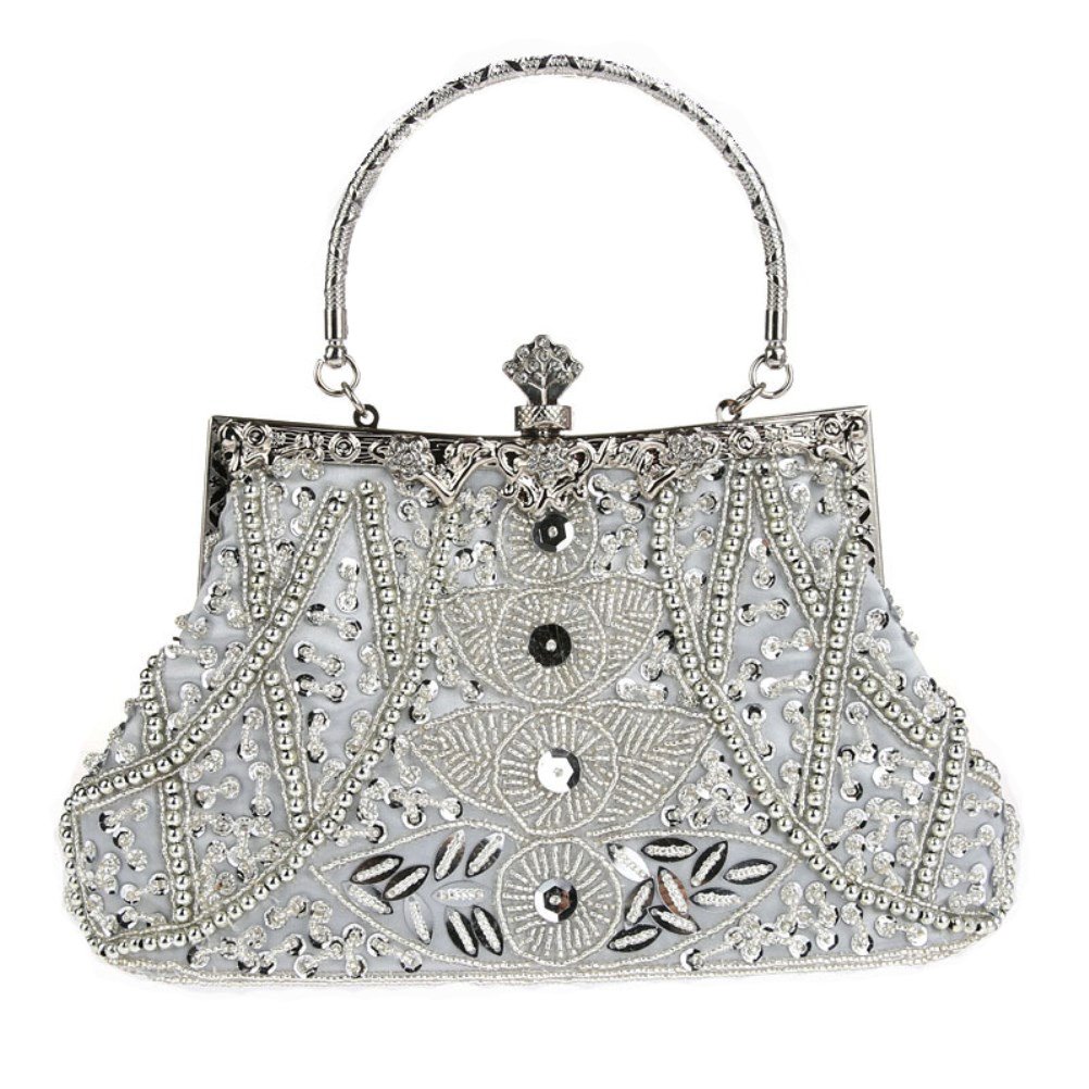 HONGCI Glitter Fashion Beaded Sequin Pearl Clutch Bag for Women - Vintage Beaded Evening Bag, Bridal Bag, Clutch Handbag for Wedding, Party, Prom (Silver)