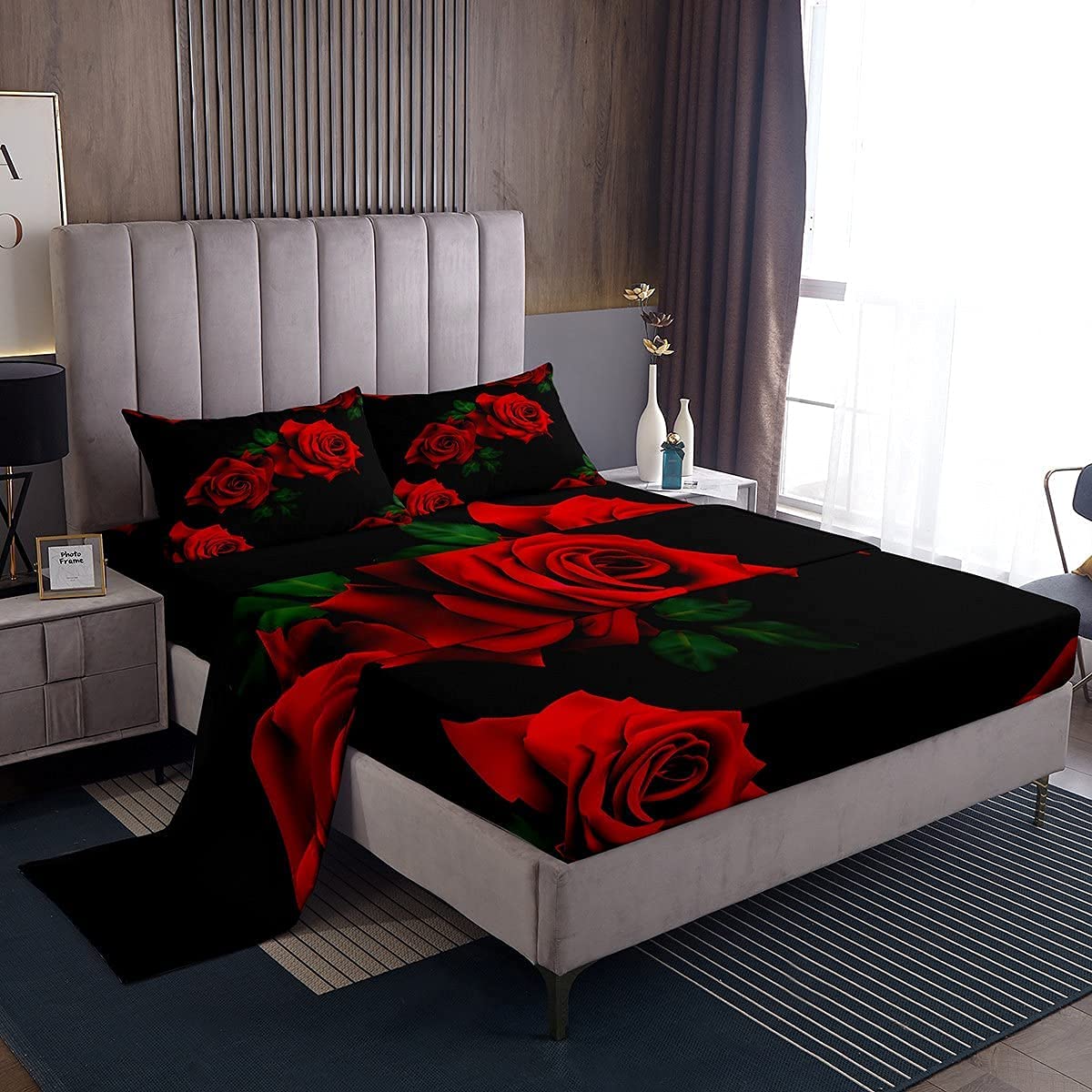 Rose Bed Sheet Set for Girls Women Red Flowers Fitted Sheet Double Size Botanical Floral Bedding 1 Flat Sheet & 1 Sheet with 2 Pillowcase — image 1