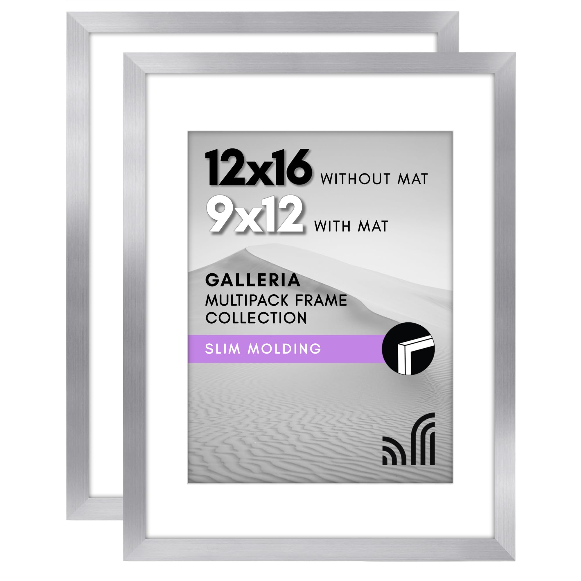 Photo 1 of Americanflat 12x16 Picture Frame with Polished Plexiglass - Set of 2 - Use as 9x12 Frame with Mat or Display 12x16 Photo Without Mat - Galleria Collection - Picture Frames for Wall Display - Silver