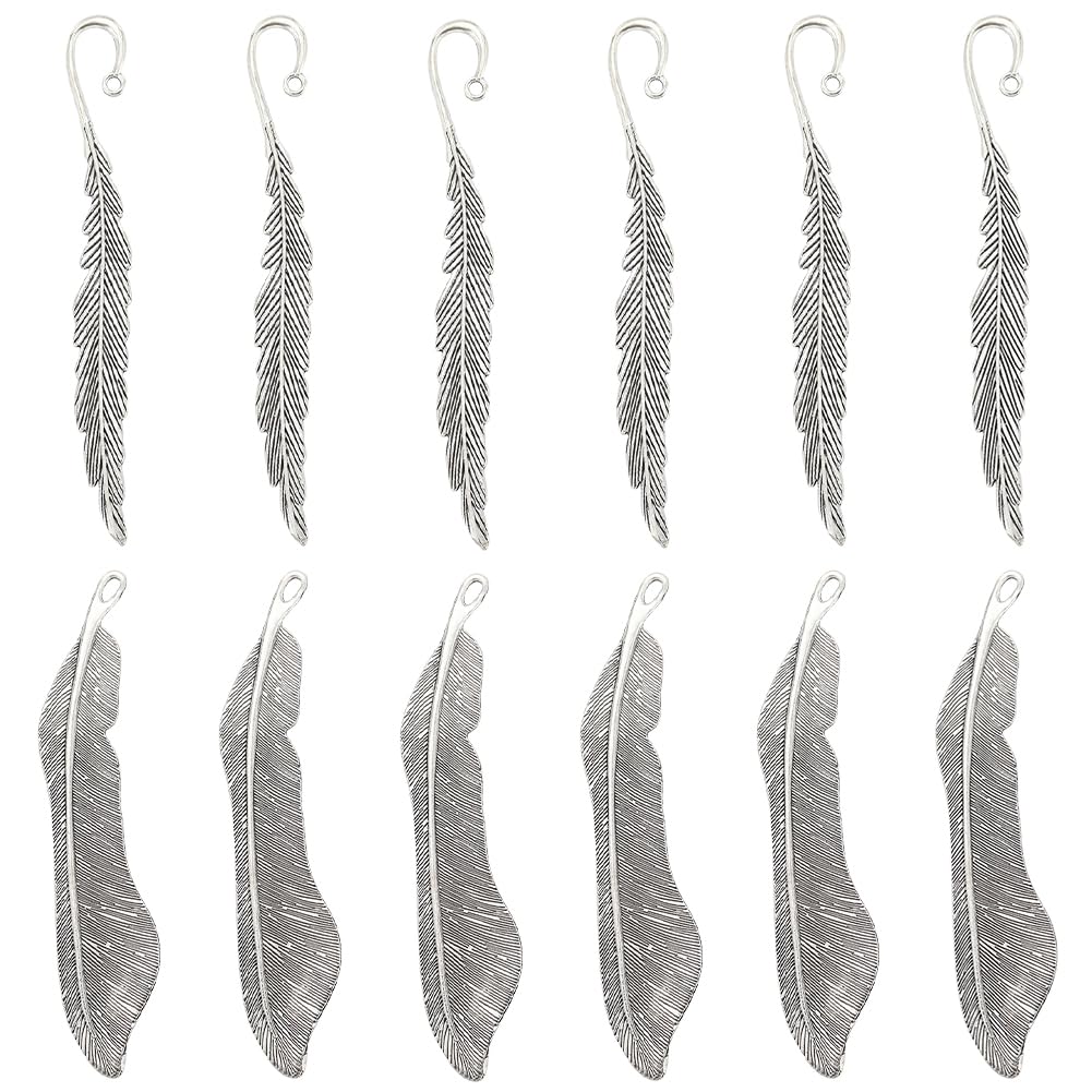 SUNNYCLUE 12Pcs Hook Bookmarks Feather Bookmarks with Hanging Loops Vintage Style Antique Silver Alloy Bookmarks Metal Book Mark Blanks for Beading Bookmarks DIY Crafts Teacher Student Handmade Gift