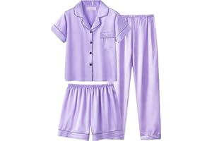 UNICABBIT21 Satin Summer Pajamas for Big Girls Unisex Kids Silk Button Down Short Sleeve & Shorts PJS 3PCS Size 8-16