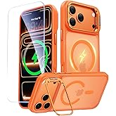 Peerock for iPhone 17 Pro Case with Stash Lens Stand and 9H Screen Protector, Compatible with MagSafe, Military-Grade Drop Protection Phone Case for iPhone 17 Pro, 360° Full Protection, Cosmic Orange